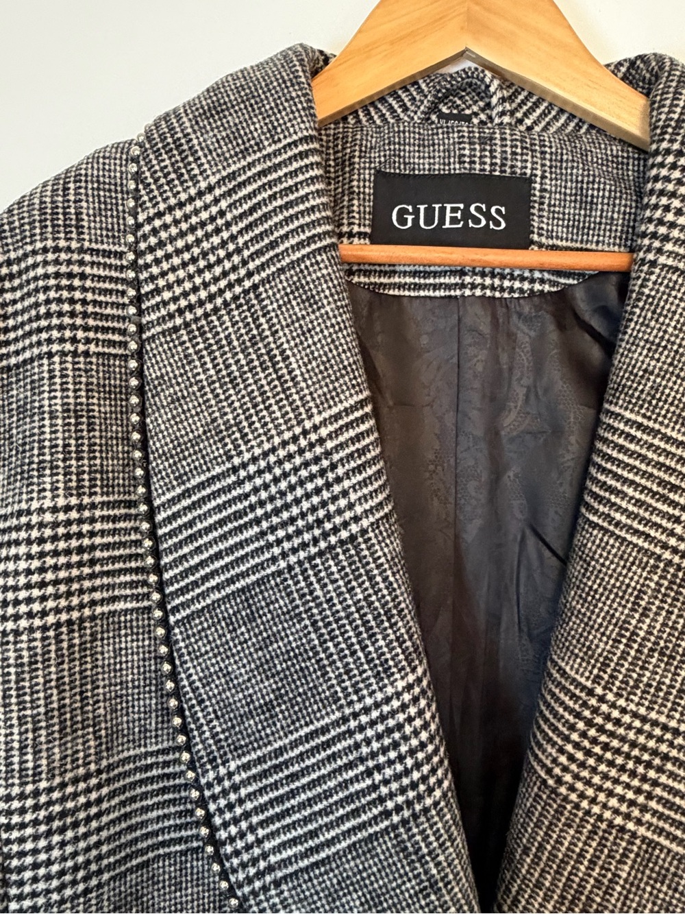 GUESS Black & White Glen Plaid Pea Coat with Stud Trim and Vegan Leather